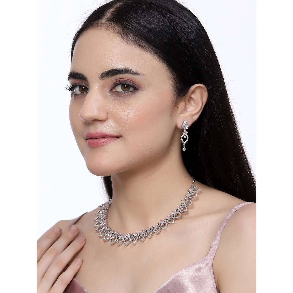ZENEME Silver Toned Pink Crystal Ad Studded Tear Drop Designer Jewellery
