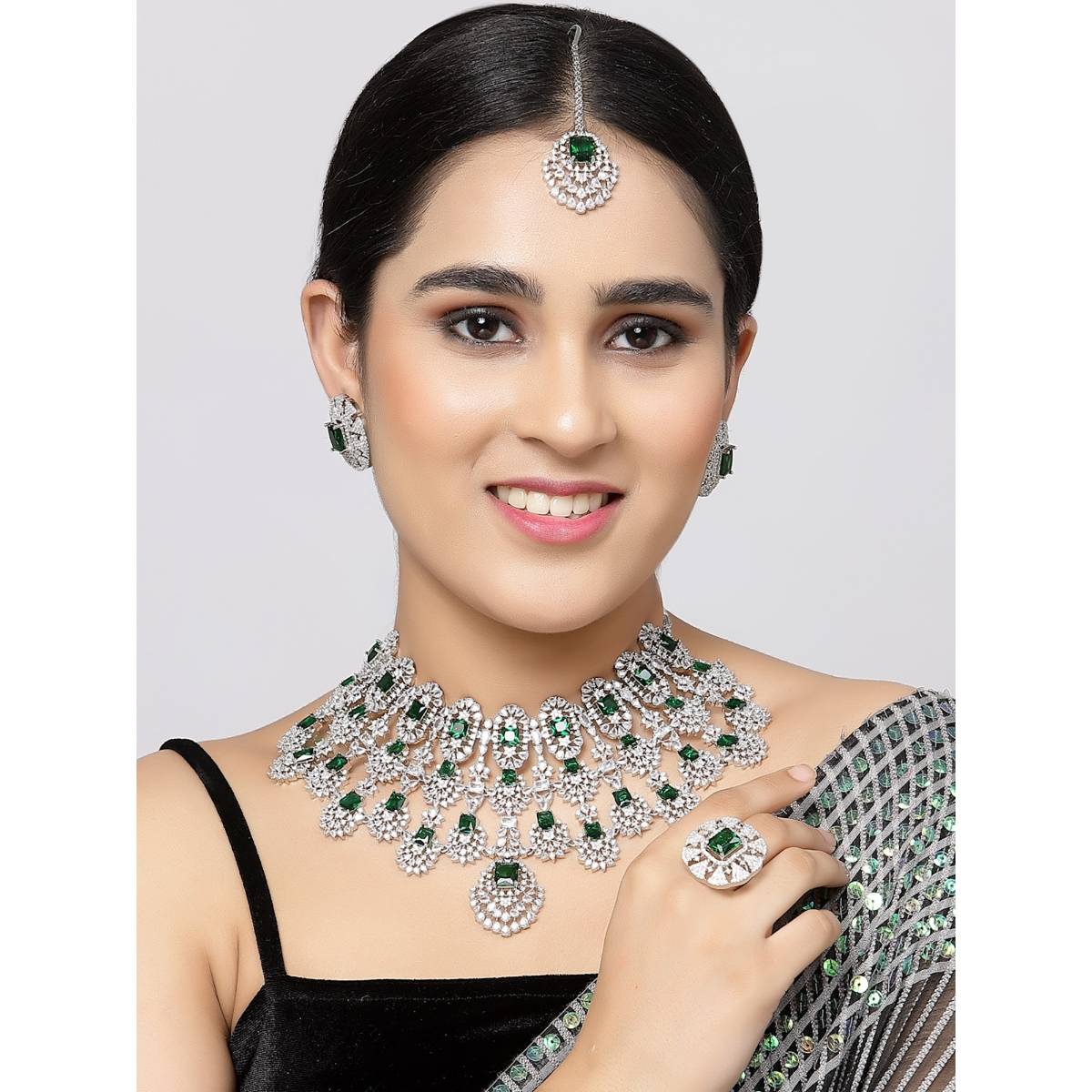 ZENEME Rhodium Plated Silver Green Crystal Ad Bridal Necklace Mang Tikka Earrings Ring Set