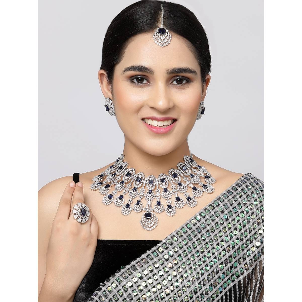 ZENEME Rhodium Plated Silver Blue Crystal Ad Bridal Necklace Mang Tikka Earrings Ring Set
