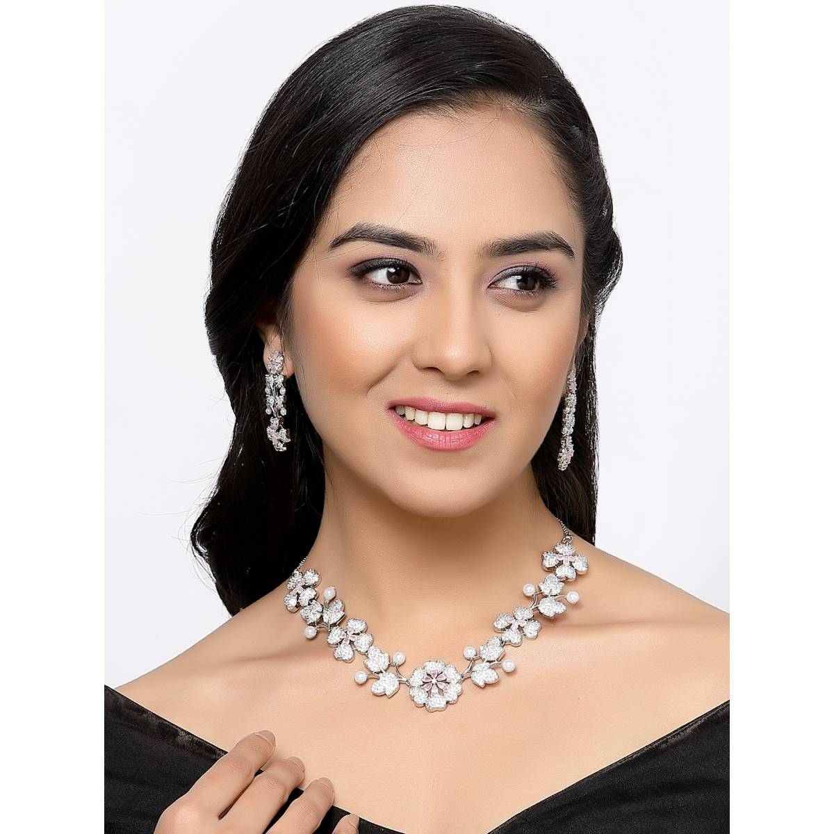 ZENEME Rhodium-Plated Silver Pink American Diamond Floral Minimalist Jewellery