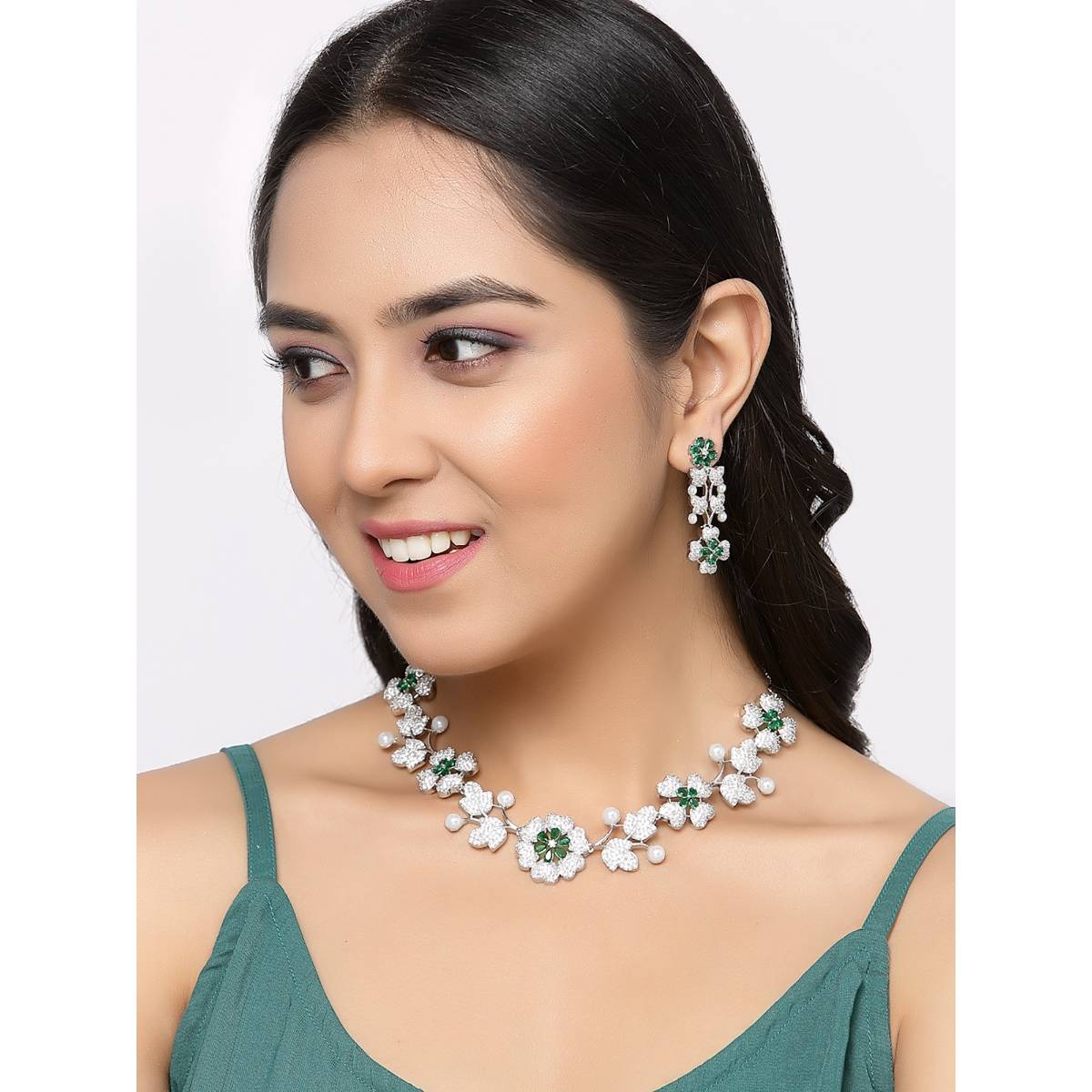 ZENEME Rhodium Plated Silver Green American Diamond Floral Minimalist Jewellery