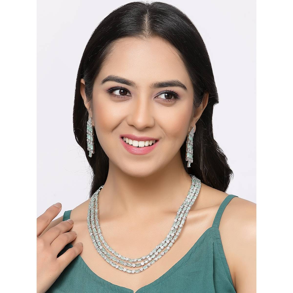 ZENEME Rhodium Plated Silver Toned Multi Layered Crystal Ad Bridal Jewellery