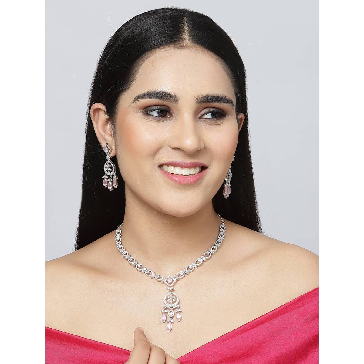 ZENEME Rhodium-Plated Crystal Ad Pink Pendant Style Necklace and Earring