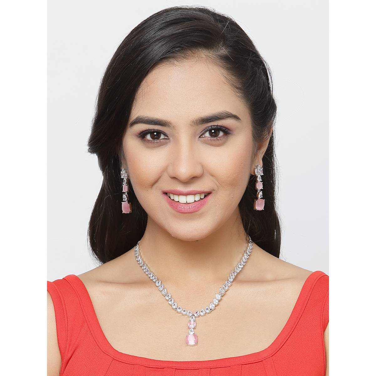 ZENEME Silver Plated Rhodium Pink American Diamond Pendant and Earring Jewellery Set