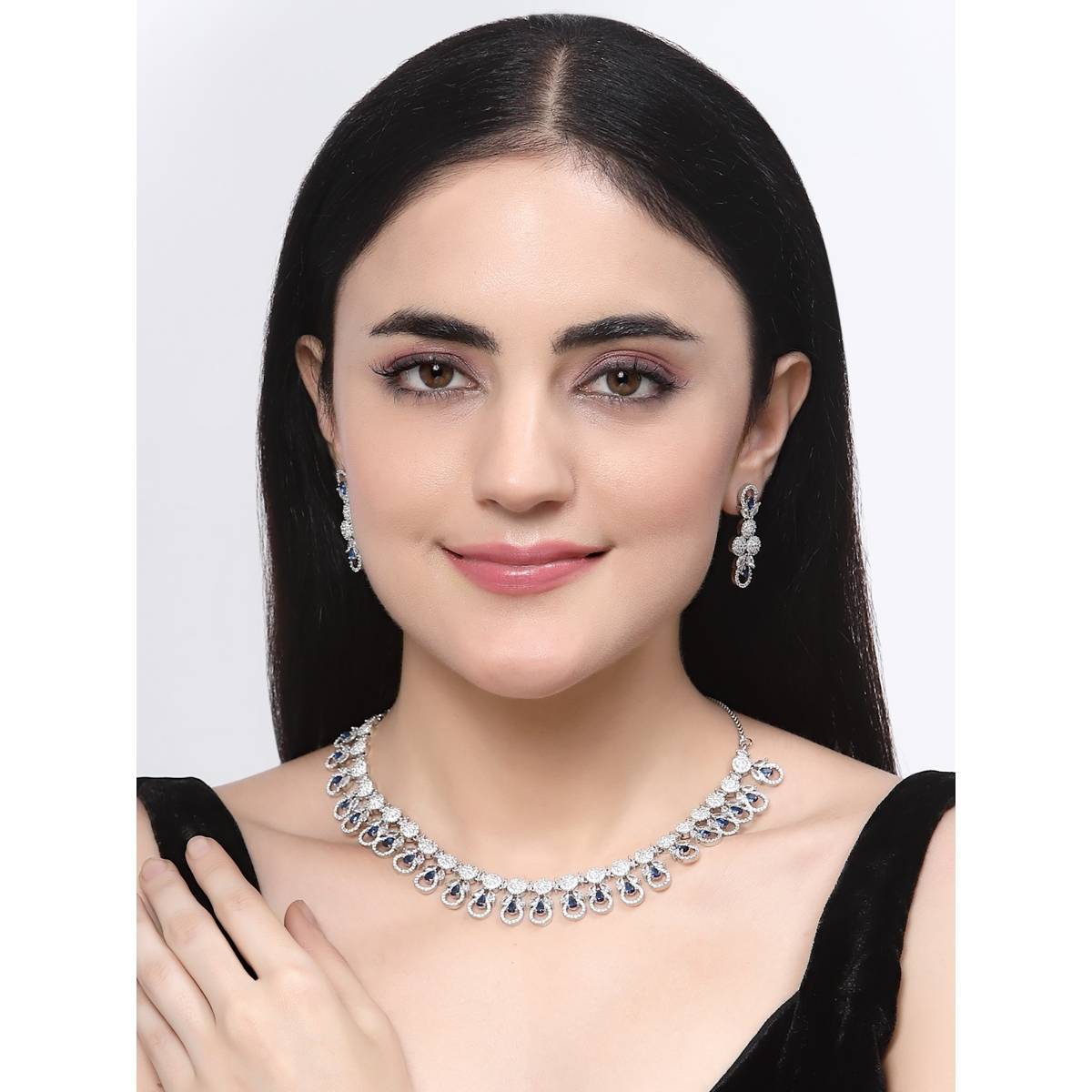 ZENEME Silver Plated Rhodium Toned Blue American Diamond Necklace with Earring
