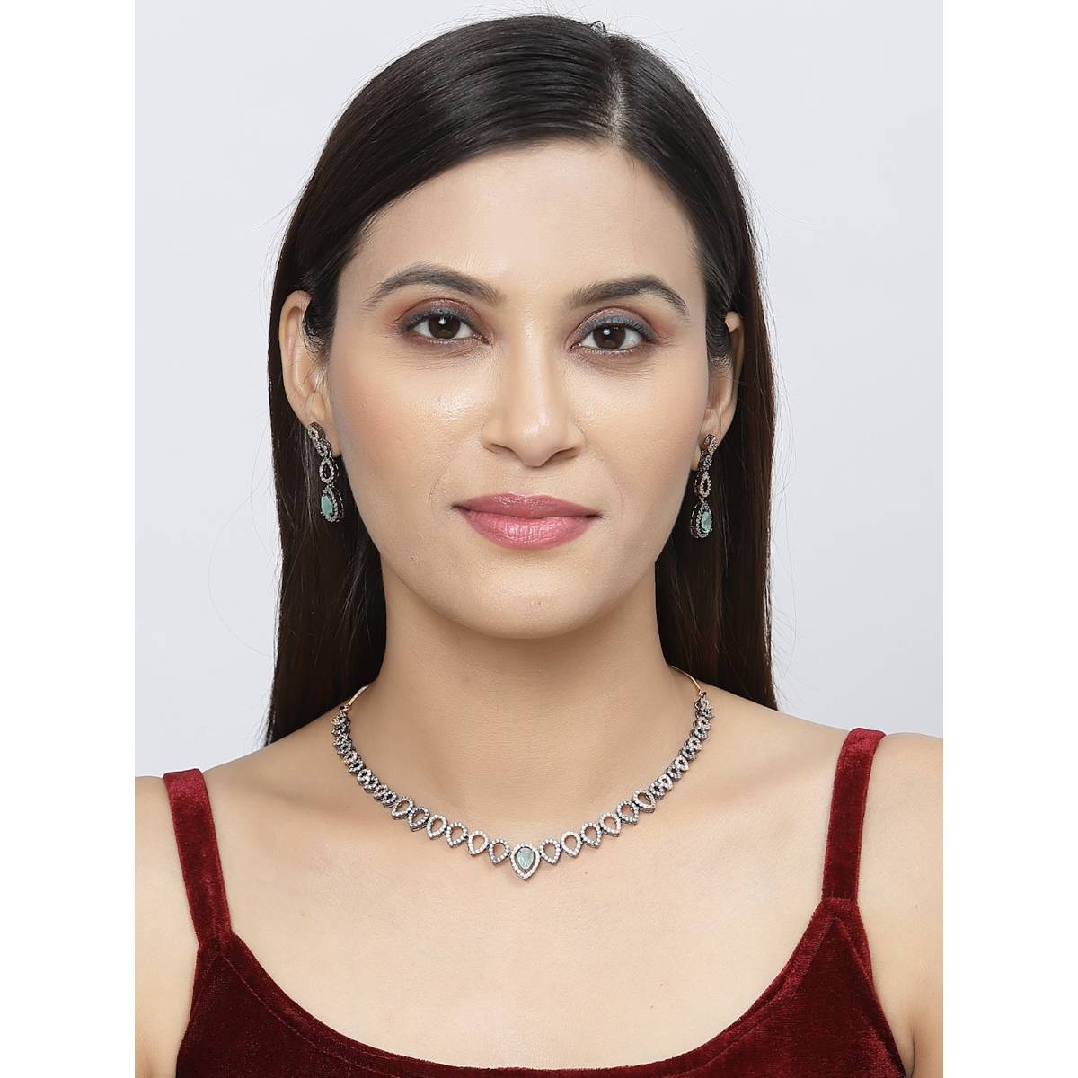 ZENEME Rose Gold Plated Oxidised Green American Diamond Spheroid Necklace Earrings for Women