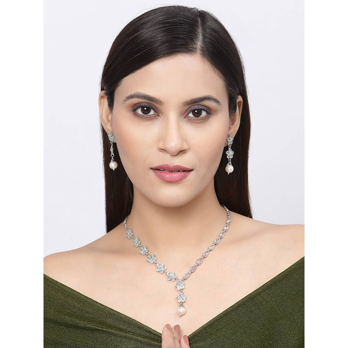 ZENEME Oxidised Silver-Plated Green Flower and Dual Design Necklace Jewellery
