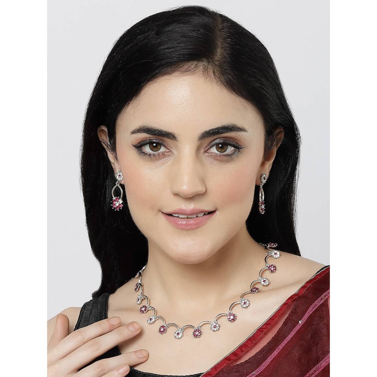 ZENEME Silver-Plated Blue Cubic Zirconia-Studded Oxidised Leaf Jewellery