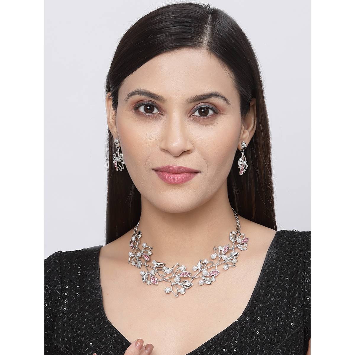 ZENEME Silver-Plated Oxidised Pearl Red Cz Studded Leafy Jewellery