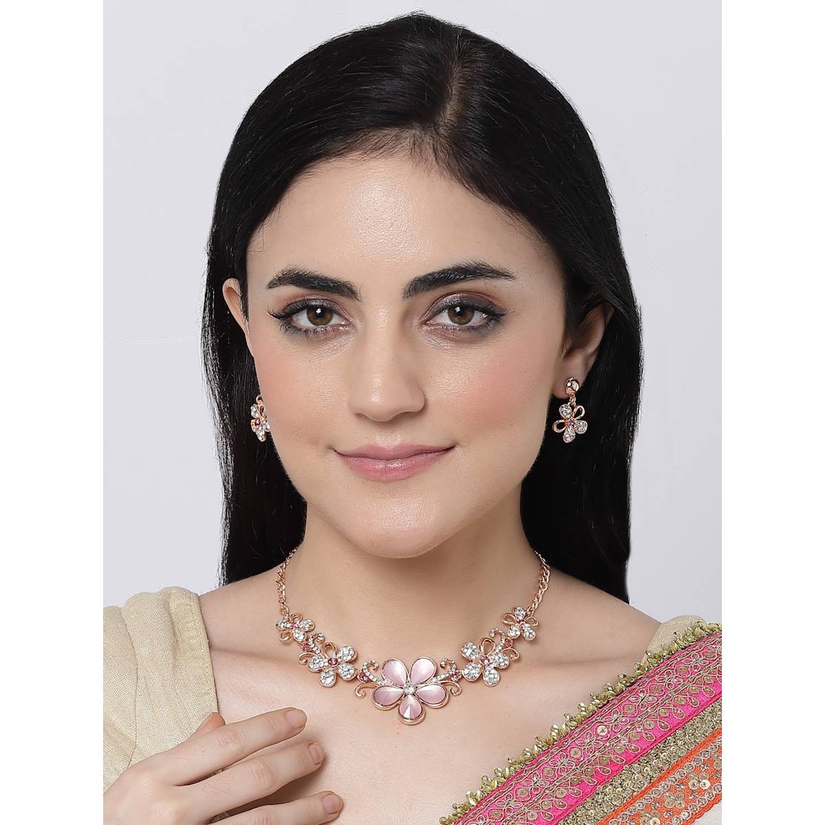 ZENEME Rose Gold Plated Pink Cubic Zirconia Studded Floweret Jewellery