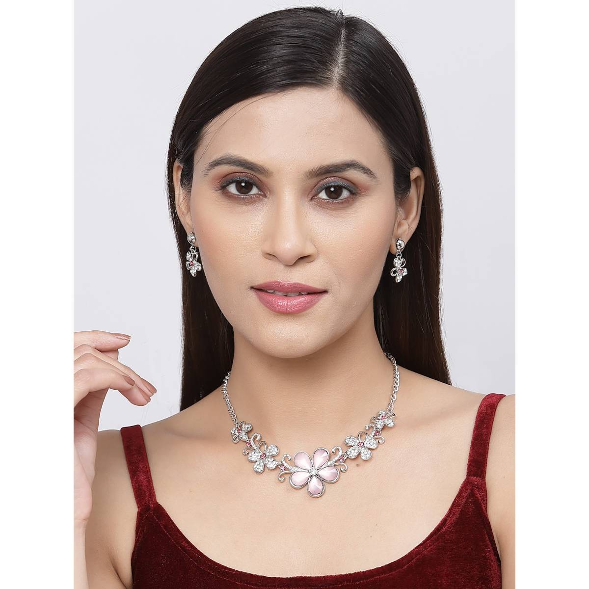 ZENEME Antique Silver Plated Oxidised Pink Cz Flower Jewellery