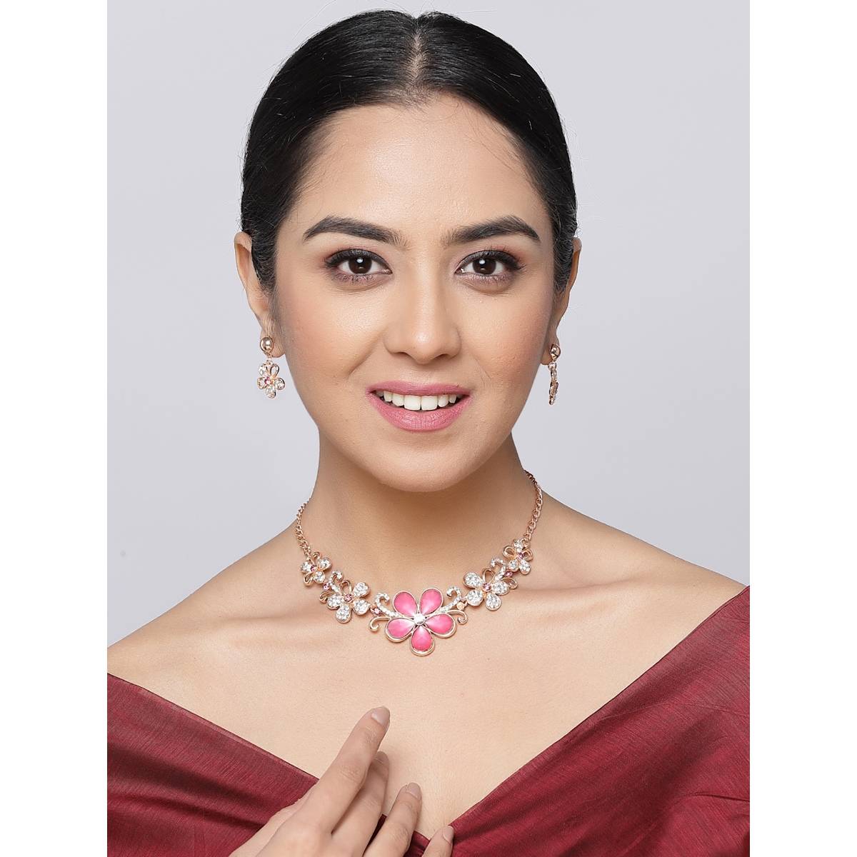 ZENEME Rose Gold Plated Red Cubic Zirconia Studded Floweret Jewellery