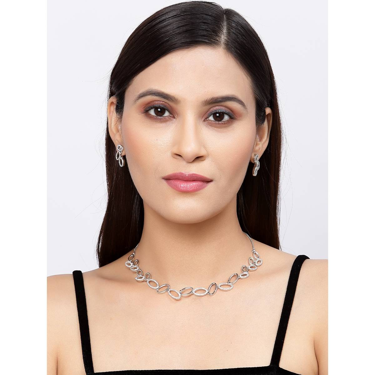 ZENEME Rhodium Plated American Diamond Studded Oval Shaped Link Jewellery