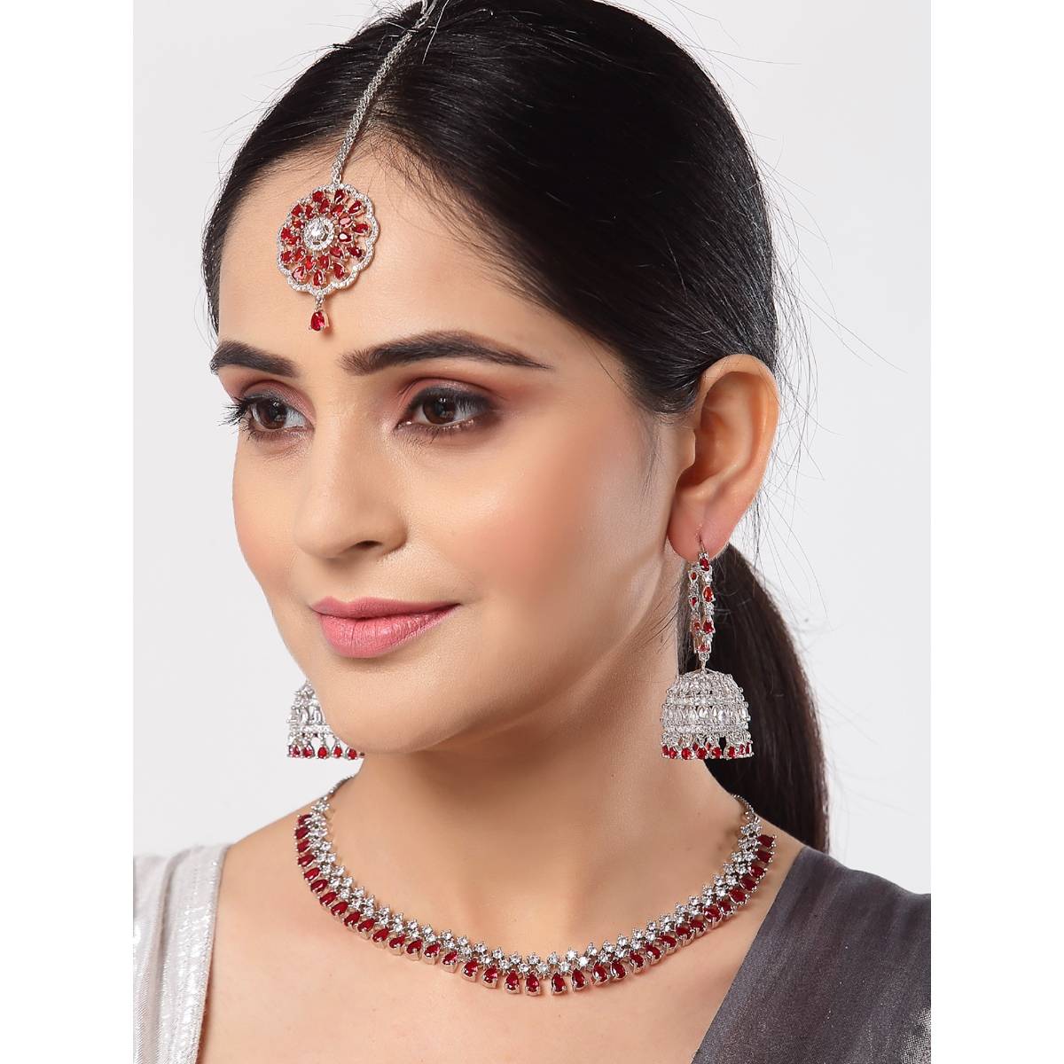 ZENEME Silver Toned Rhodium Red Ad Bridal Necklace Maang Tikka Earring