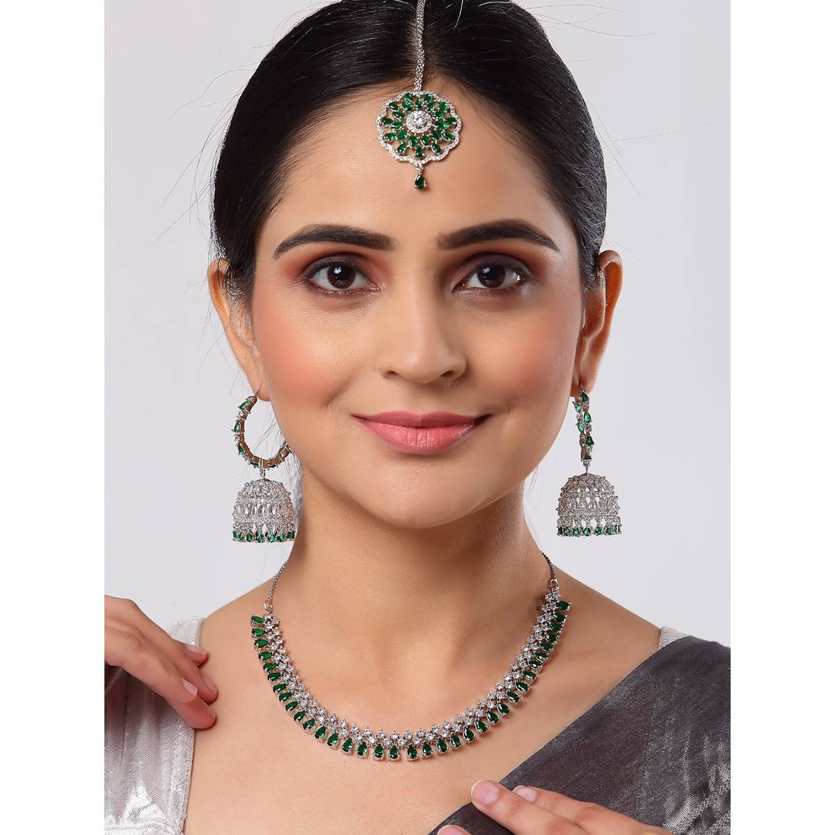ZENEME Silver Toned Rhodium Green Ad Bridal Necklace Maang Tikka Earring