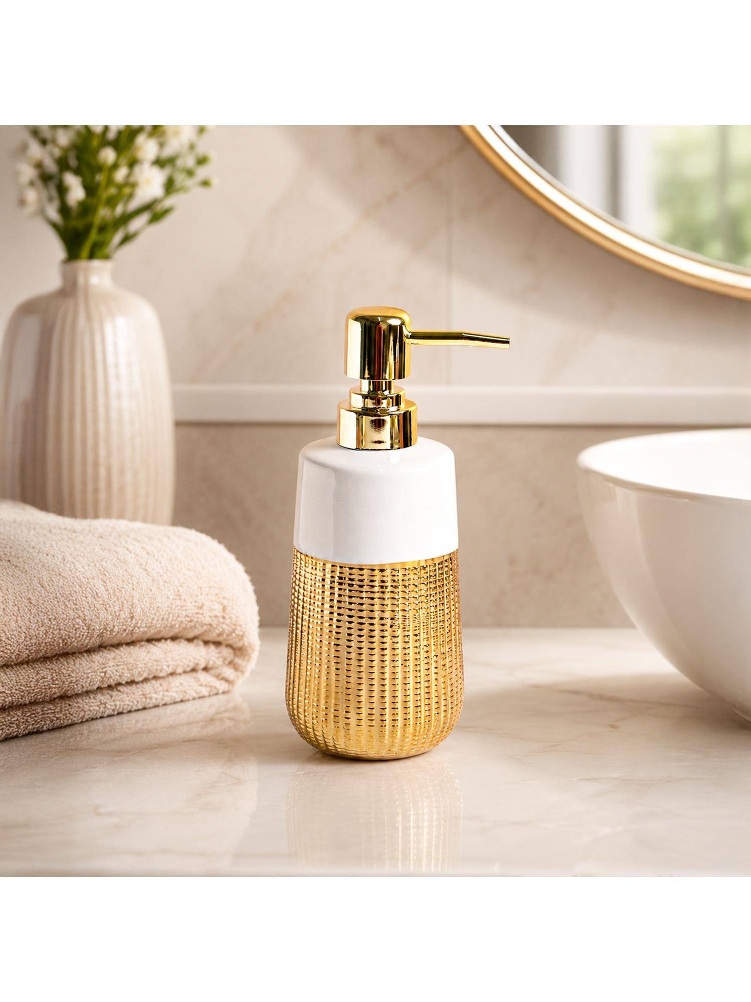 Voncasa White & Gold Ceramic Soap Dispenser - 360ml