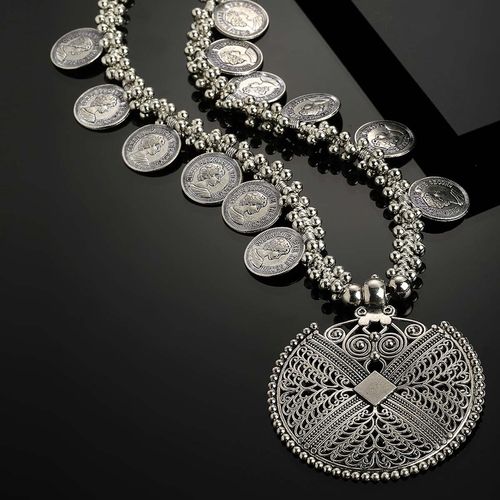 Buy PANASH Silver-Toned Oxidized Coin Necklace Online