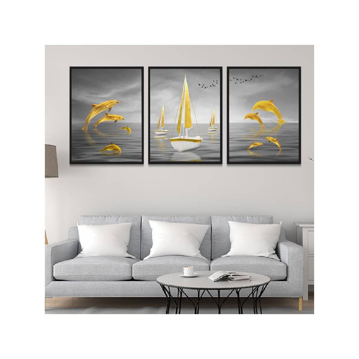 Dekorstation Painting For Wall Decoration Creative Gold Sailboat Dolphin Art Print Paintings
