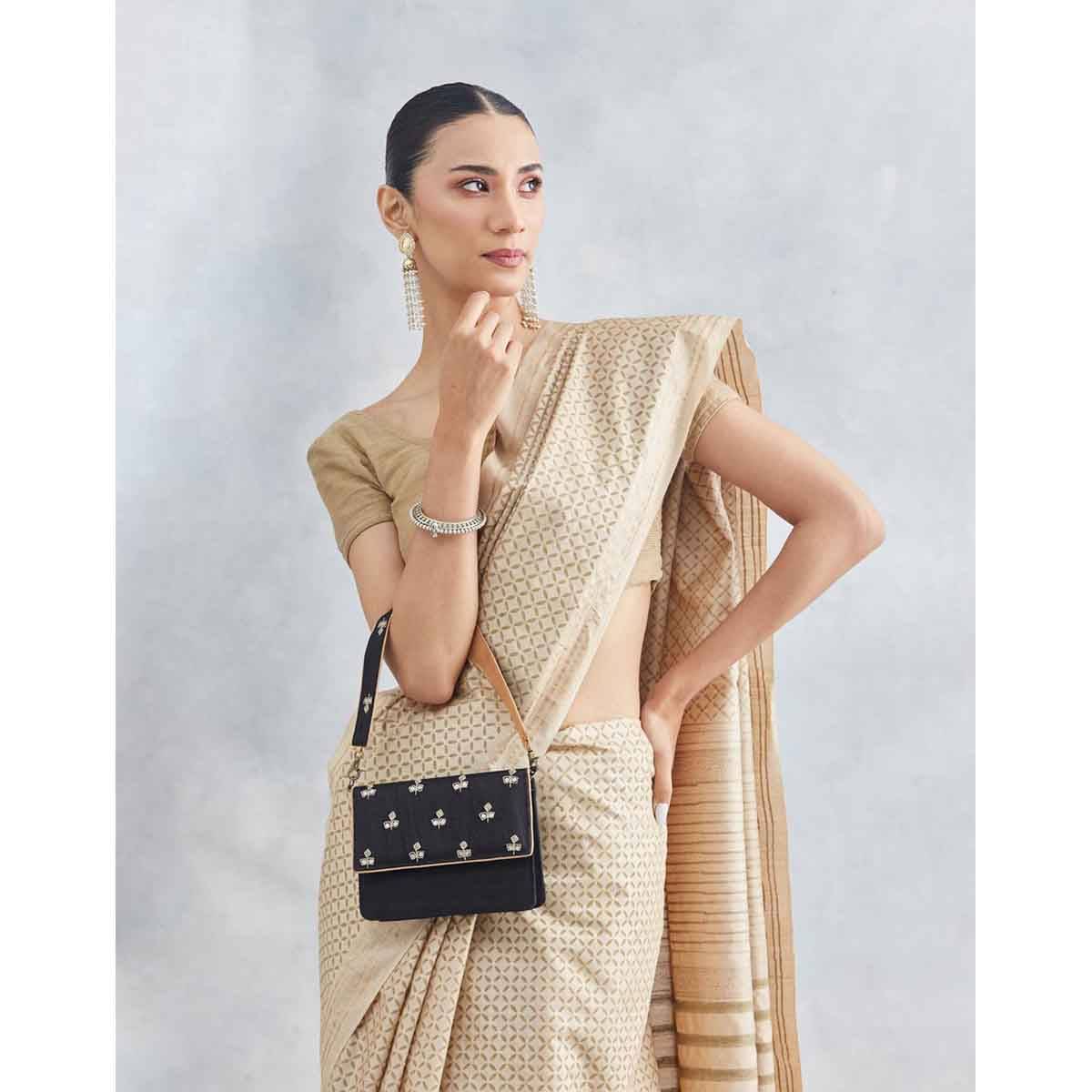 Fabindia Women Black Silk Blend Sling Bag (S)