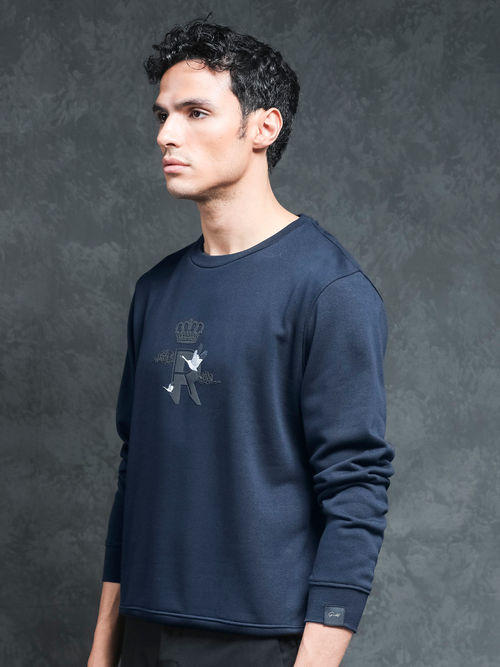 Rare Rabbit August Primary Navy Blue Printed Sweatshirt
