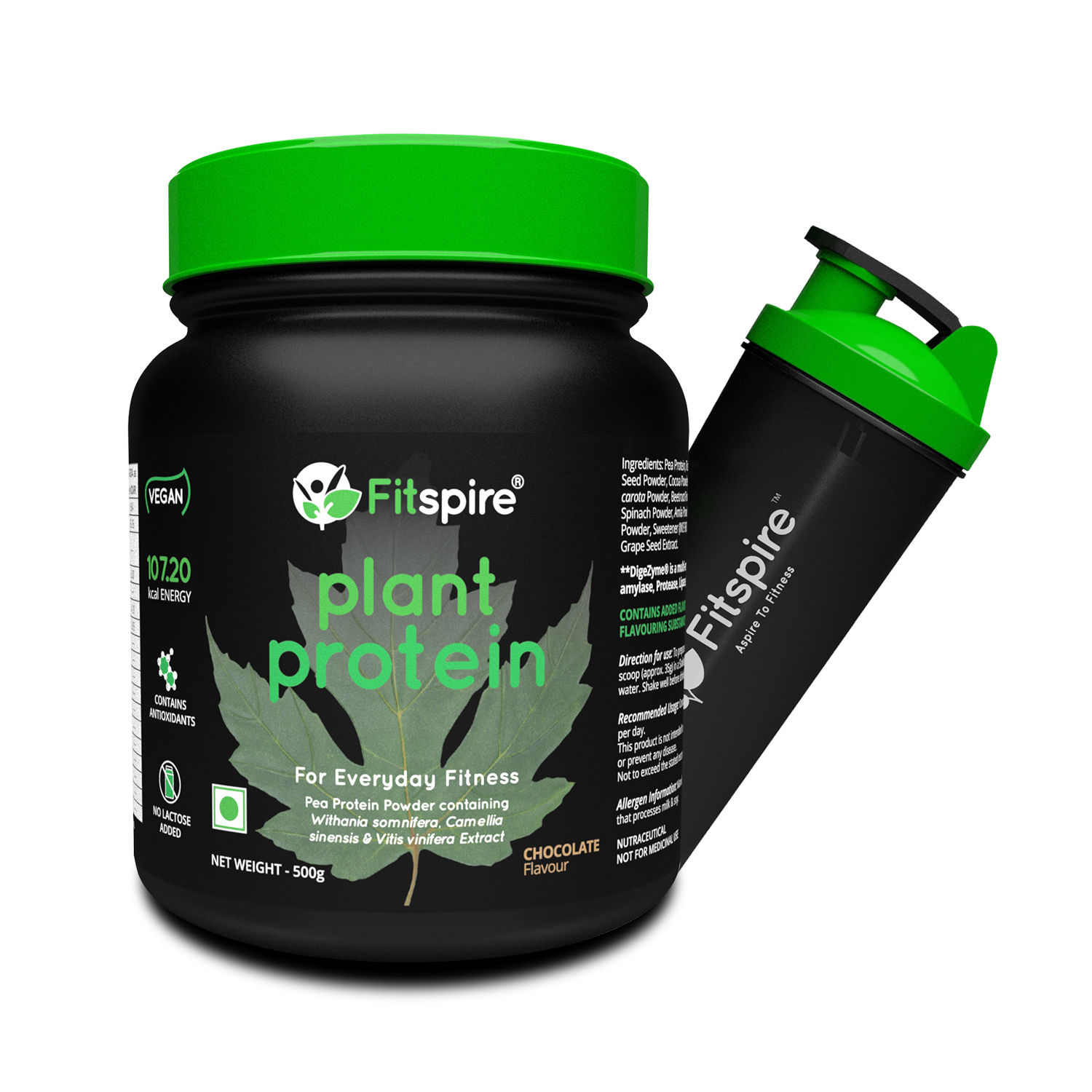Fitspire 100% Plant Protein Supplement for Men & Women- 500 gm - 20gm Protein- Chocolate with Shaker