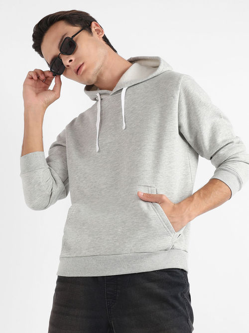 Campus Sutra Men Light Grey Pullover Hoodie with Contrast Drawstring