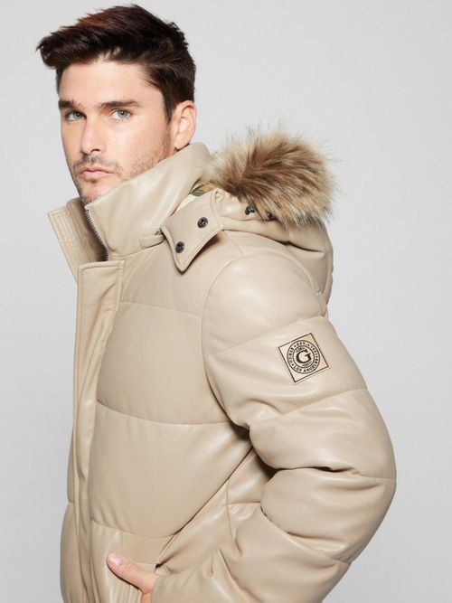 Buy Guess Beige Polyurethane Solid Puffer Jacket Online