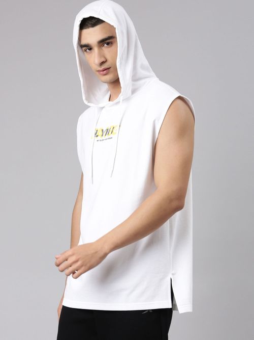Xtep Men White Cotton Blend Hooded Sleeveless T-Shirt