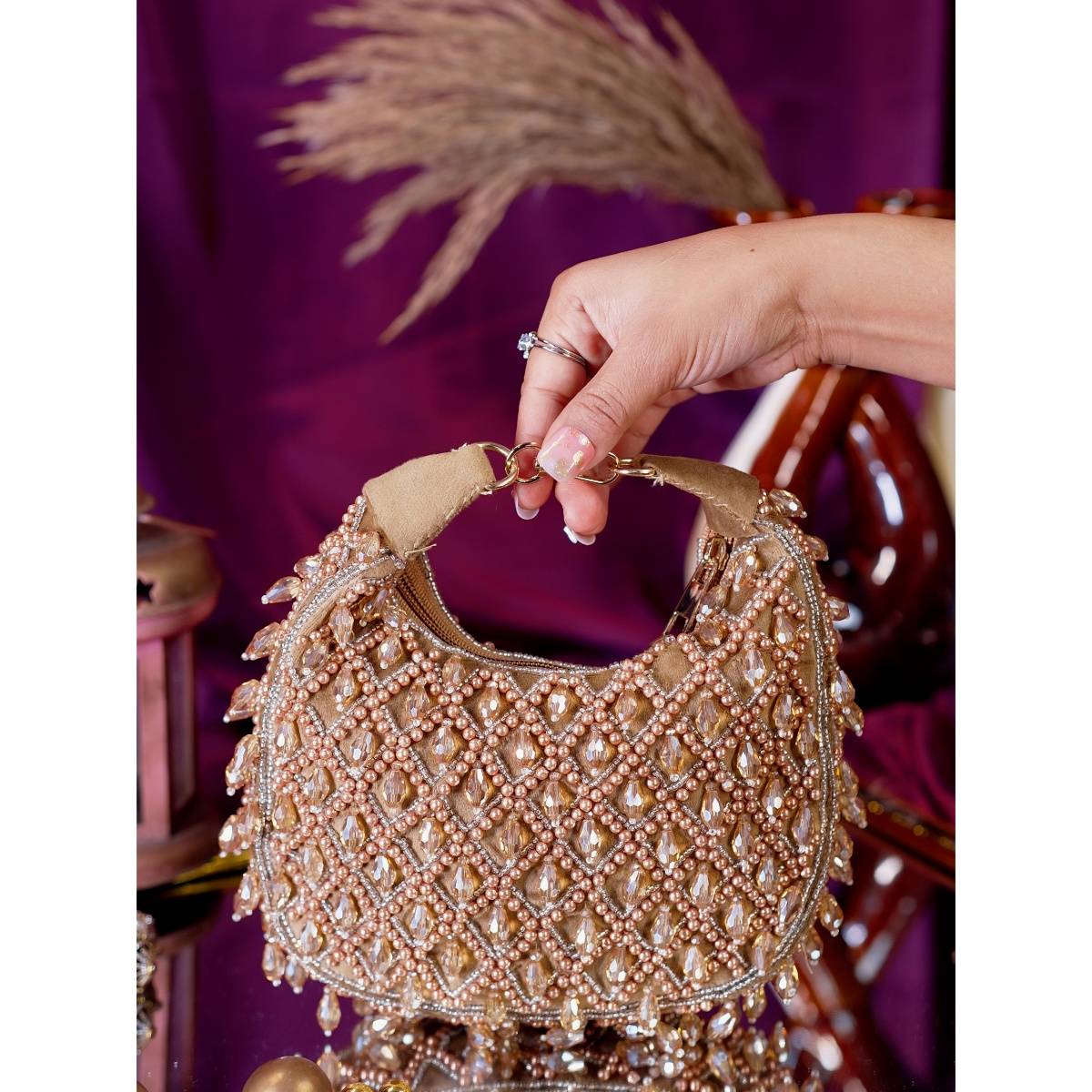SWISNI Women Gold Designer crystal drop moon Mini bag