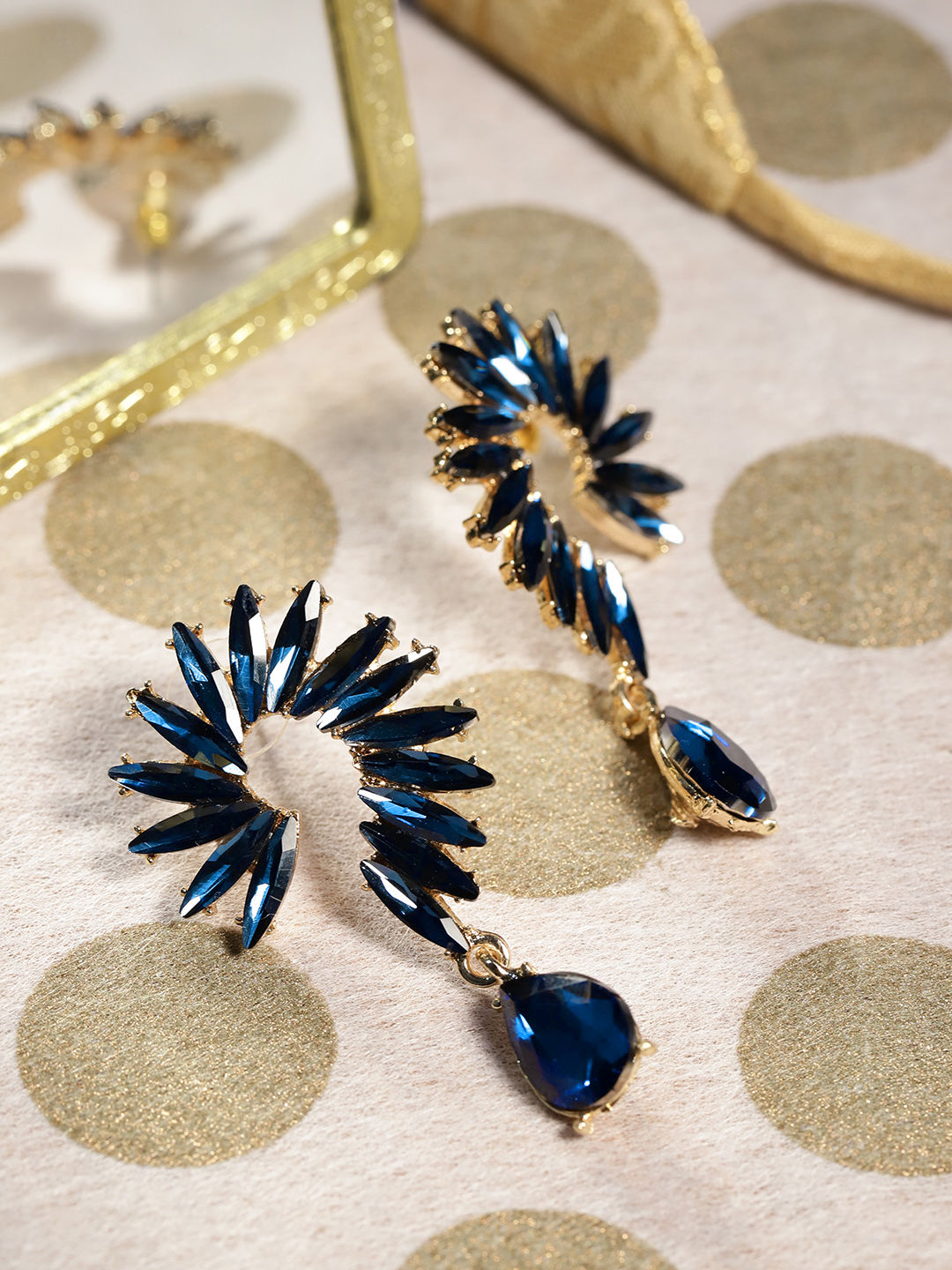 Party wear designer golden oxidised navy blue jhumka earrings for women
