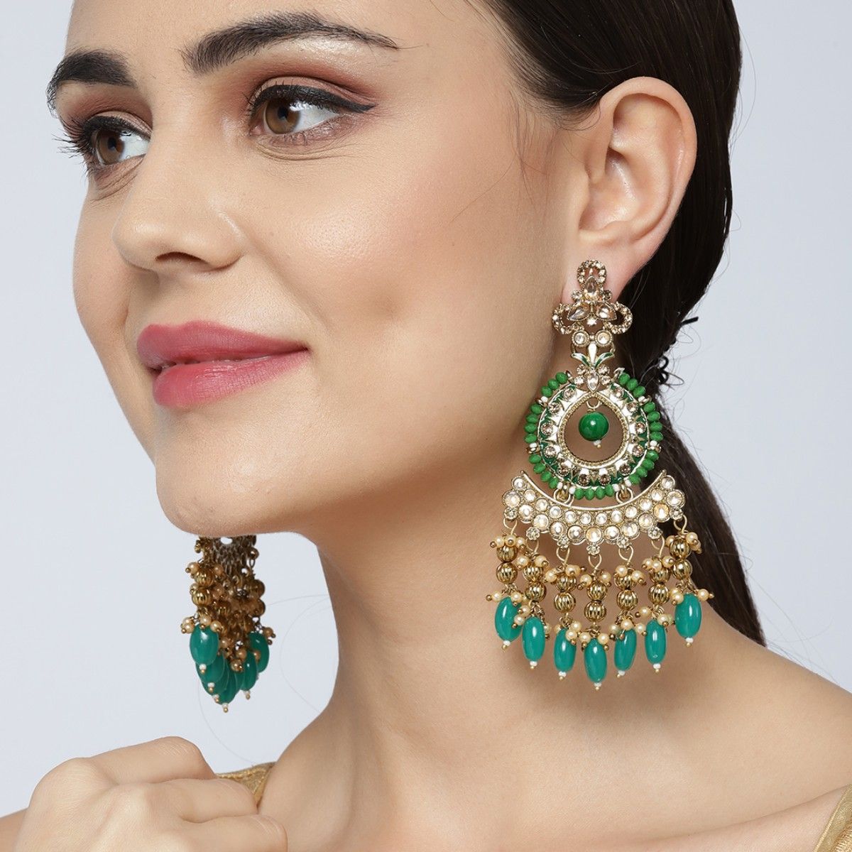 Priyaasi Gold Plated Stone Studded Green And Golden Beads Drop Earrings