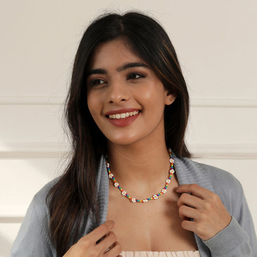 Toniq Multi-Color Seed Beaded Y2K Daisy Floral Choker Beach Necklace For  Women