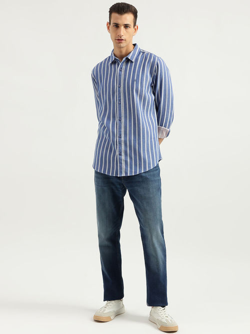 United Colors Of Benetton Men Slim Fit Spread Collar Striped Shirt-Blue