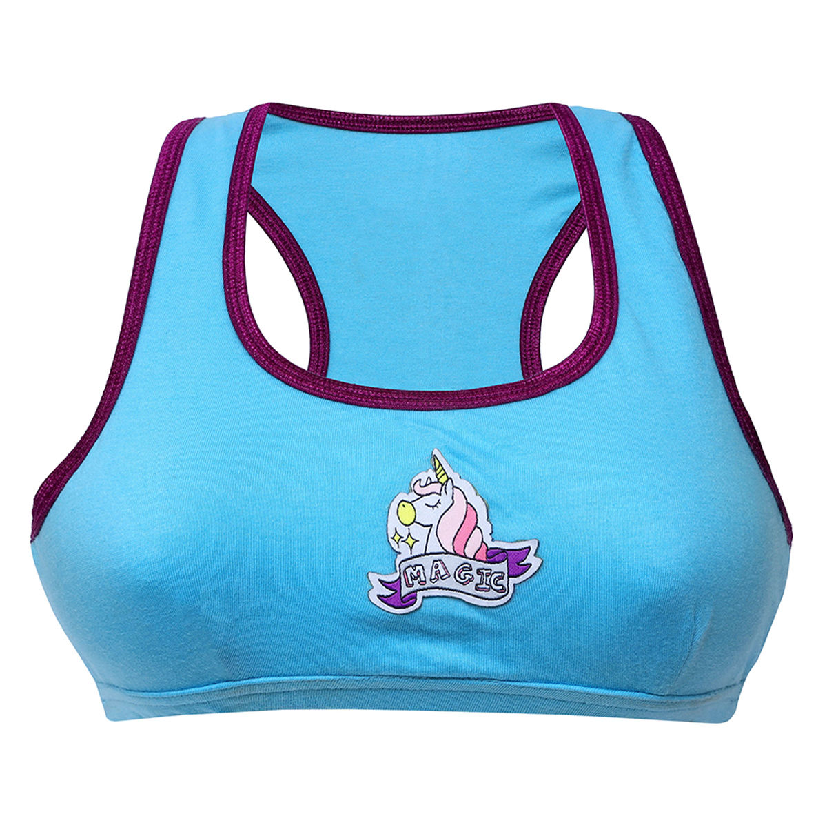 D'chica 1 Blue Unicorn Print Sports Bra & 4 Plain Beginner Bras Multi