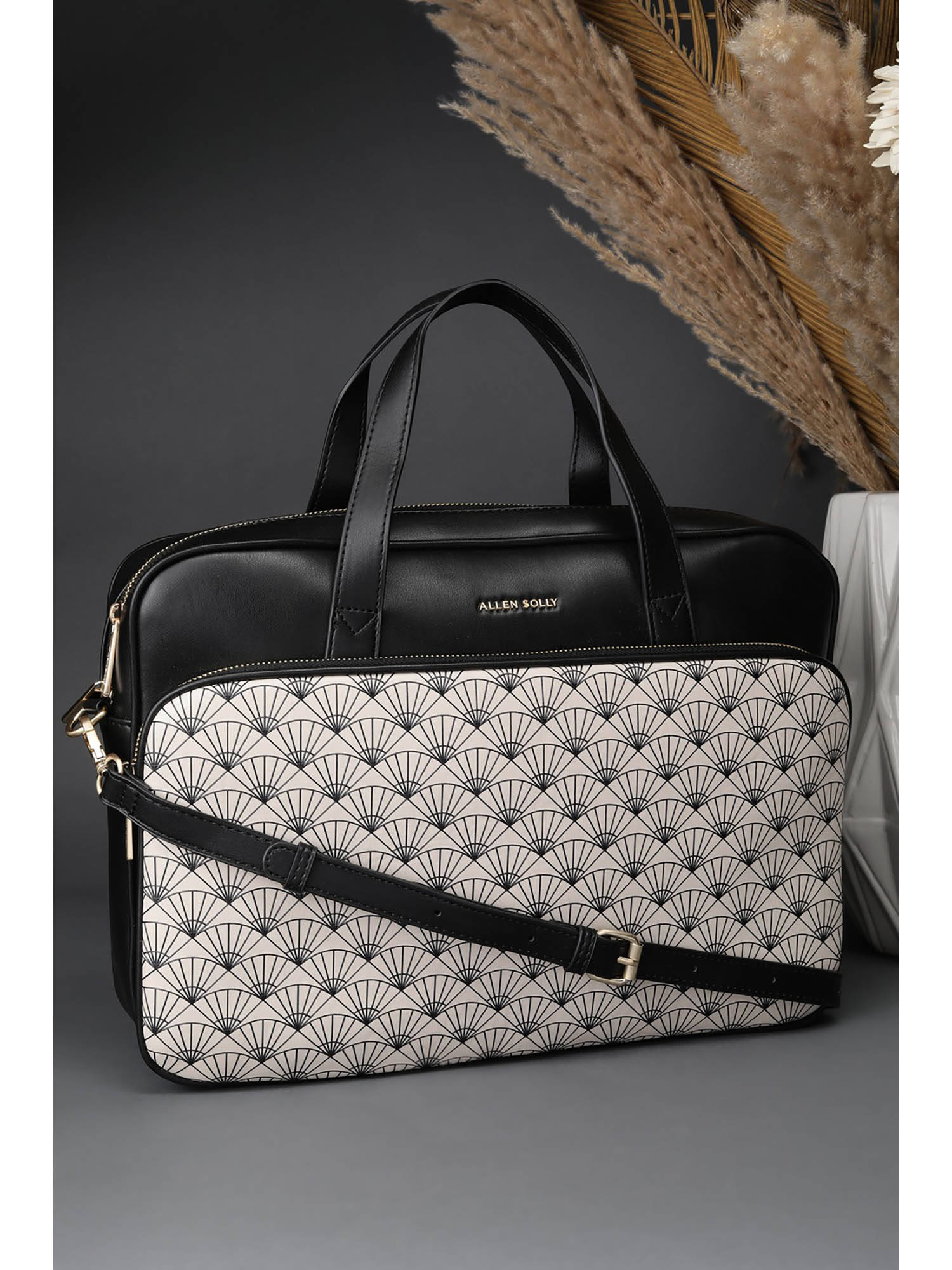 Allen Solly Women Off White and Black Printed Handbag with Detachable Strap