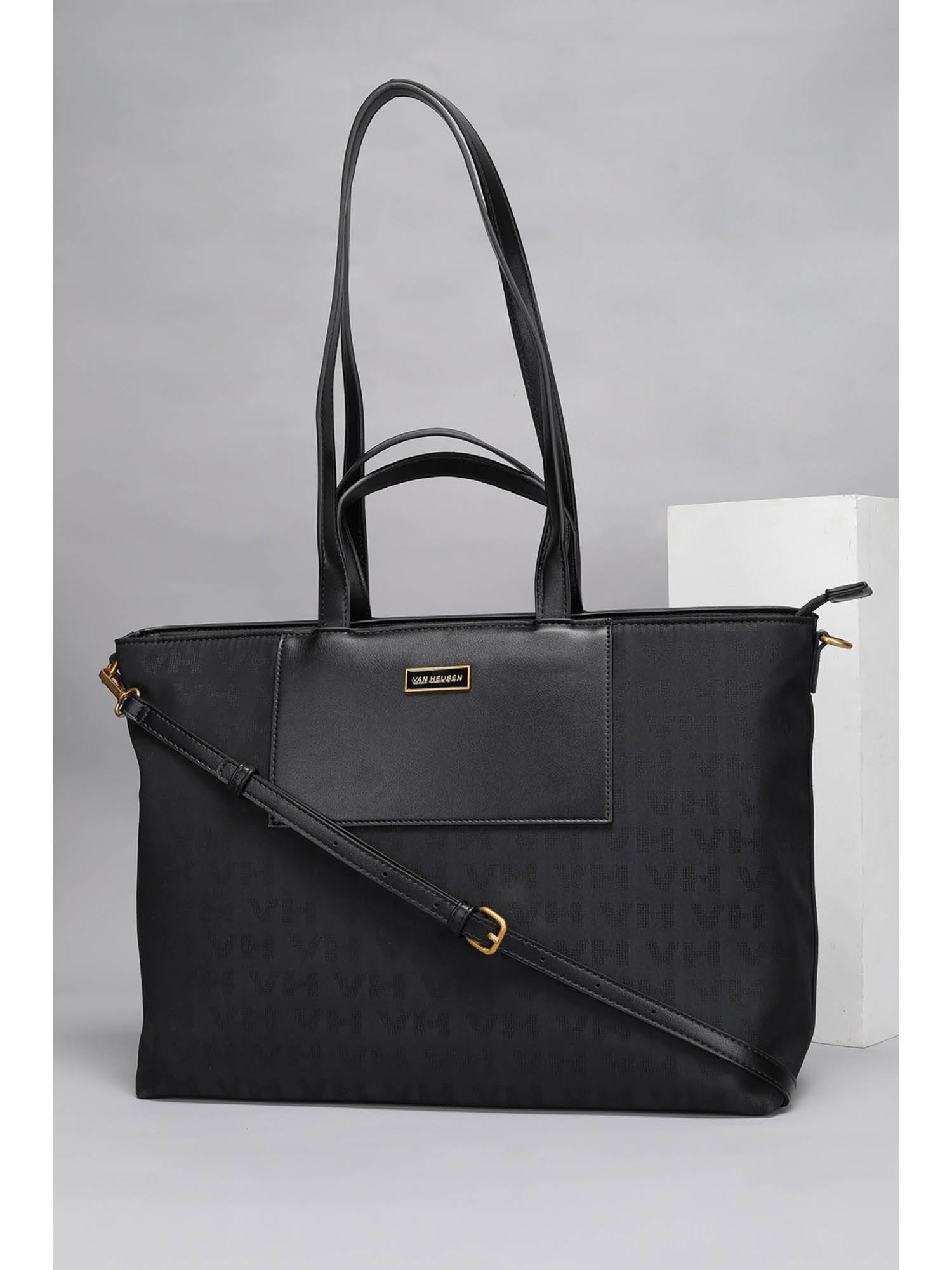 Van Heusen Women Black Printed Tote Bag with Detachable Strap