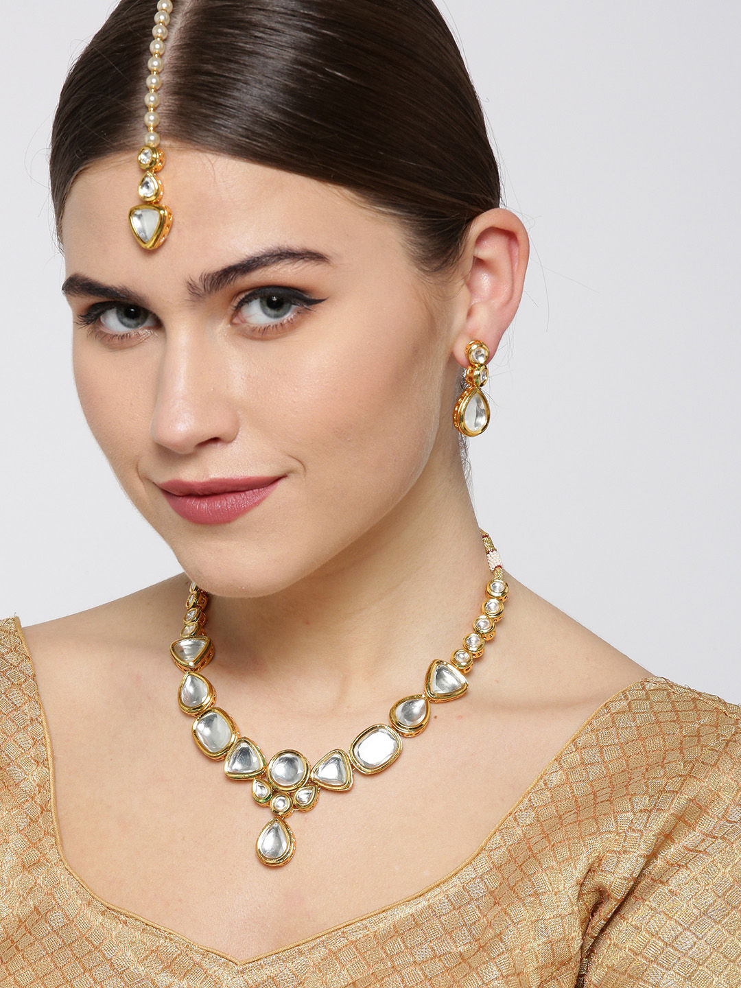 Buy Priyaasi Gold Plated Geometric Shape Kundan Studded Beaded Chain