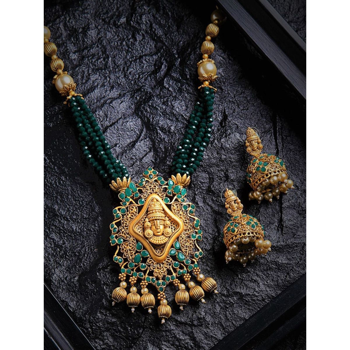 Buy Panash Green Gold Toned Beaded Temple Jewellery Set Online