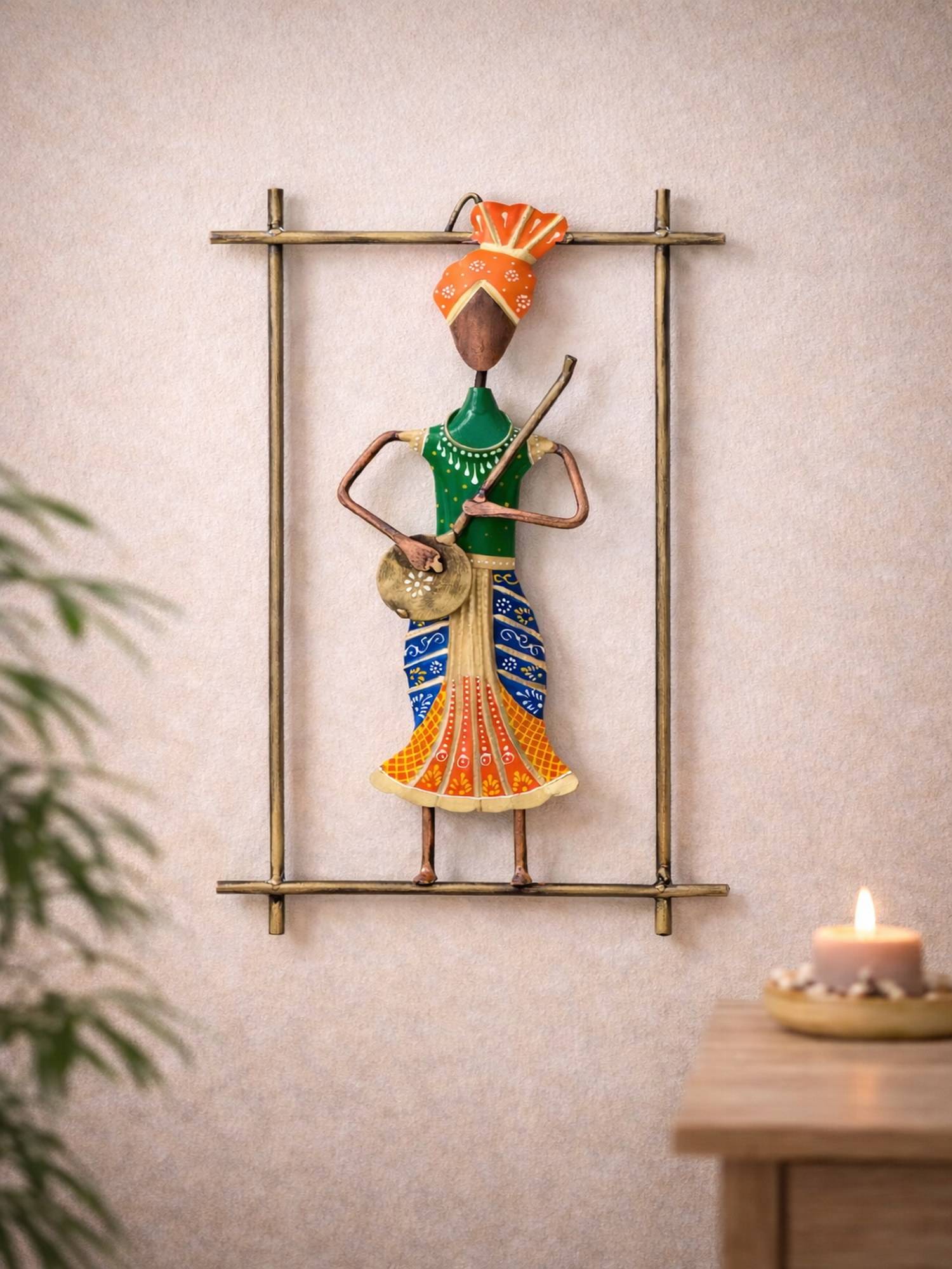 Golden Peacock Handcrafted Metal Folk Musician Wall Art Multicolour Ethnic Decor