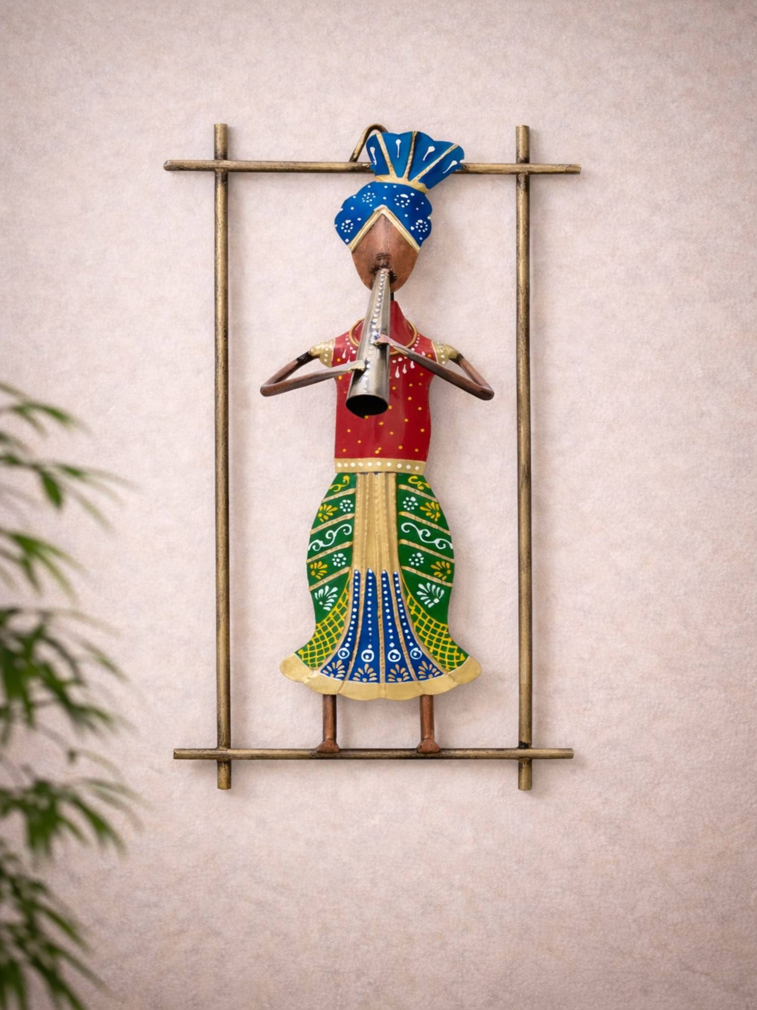 Golden Peacock Handcrafted Metal Shehnai Musician Wall Art Multicolour Ethnic Decor