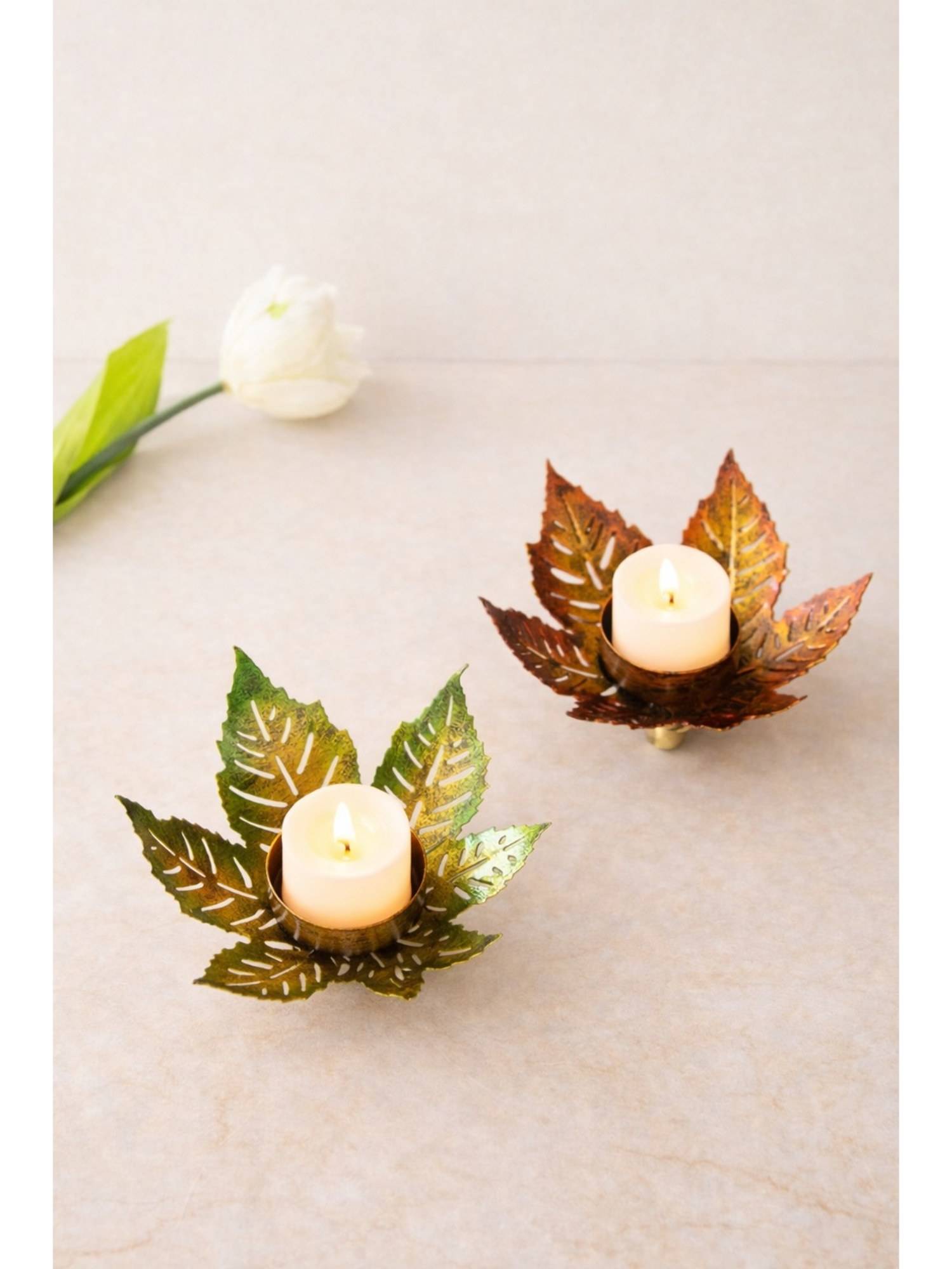 Golden Peacock Green & Brown Leaf-Shaped Decorative Table Accents (Set of 2)