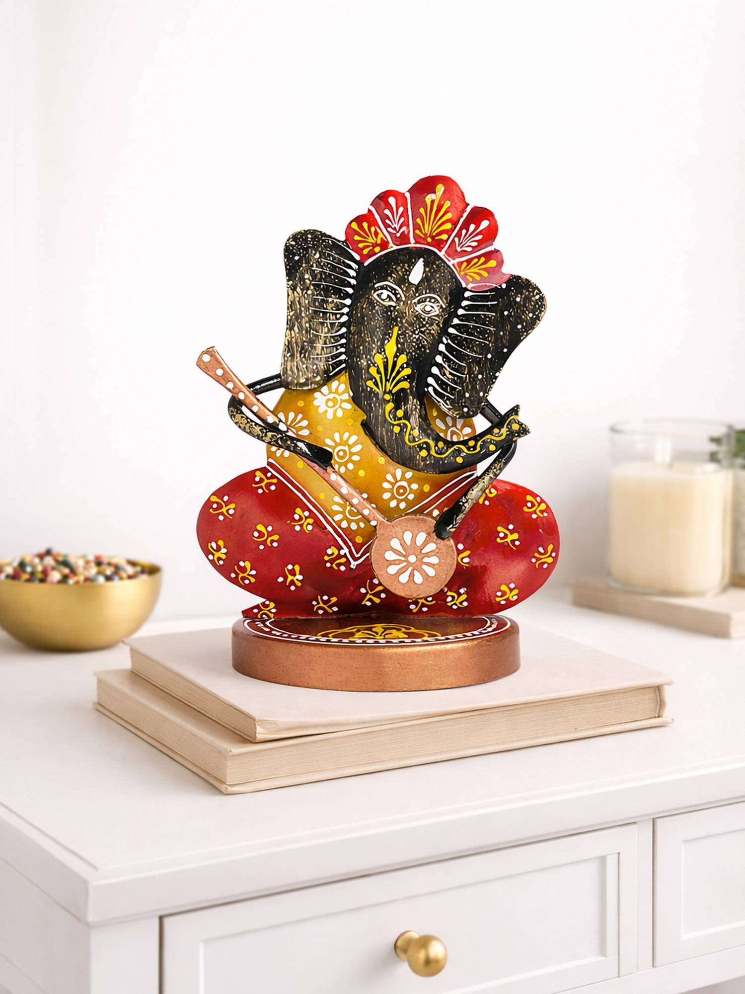 Golden Peacock Handcrafted Red & Yellow Ganesha Metal Idol Decor Showpiece