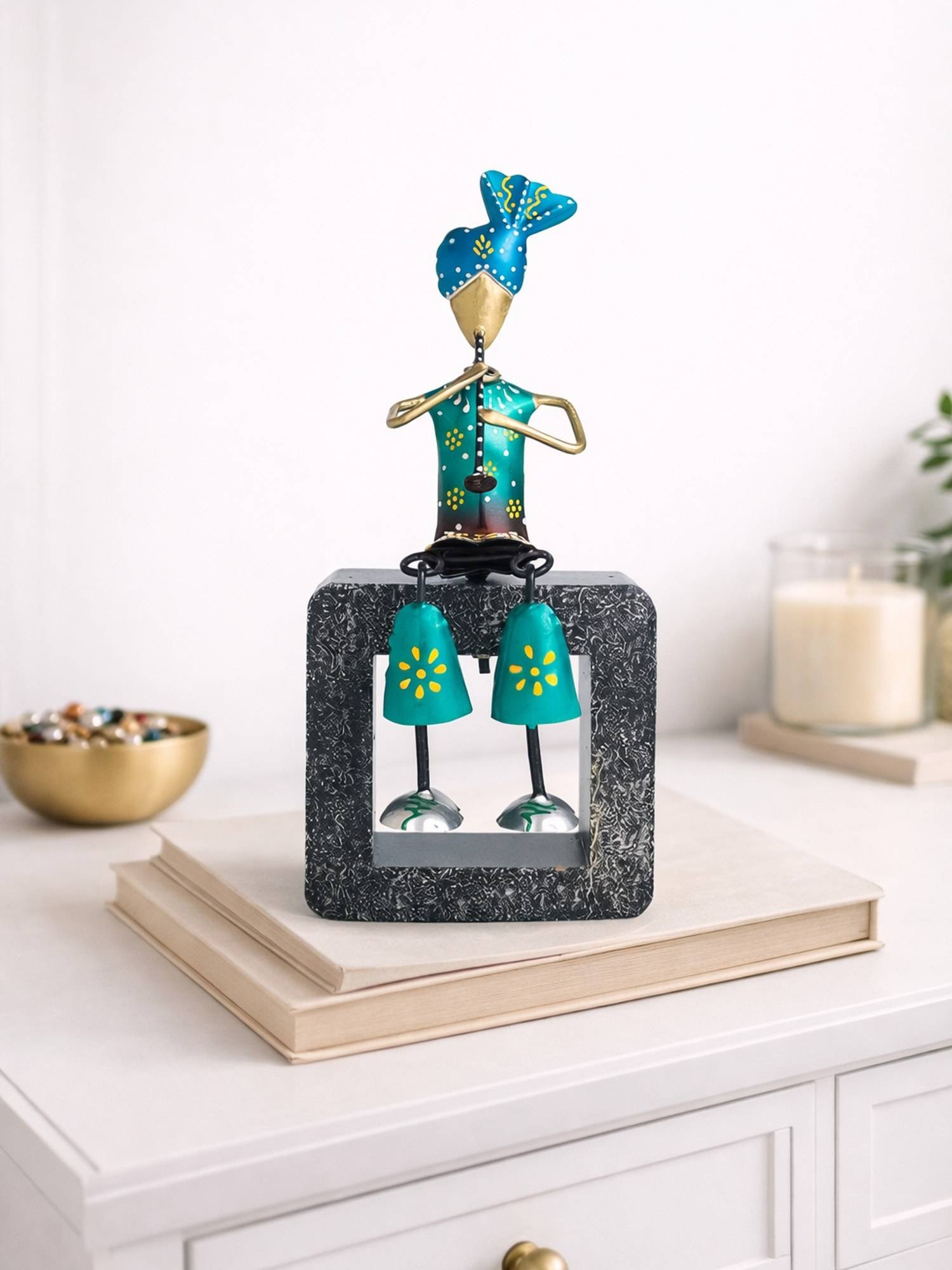 Golden Peacock Handcrafted Green & Blue Metal Musician Figurine Table Decor Showpiece
