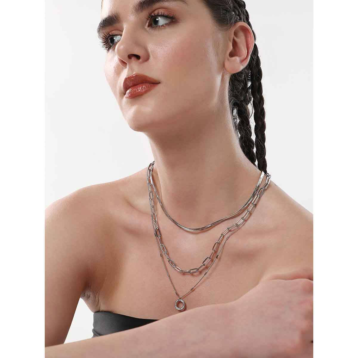 SOHI Womens The Silver Halo Snake Chain Multi-Layer Necklace