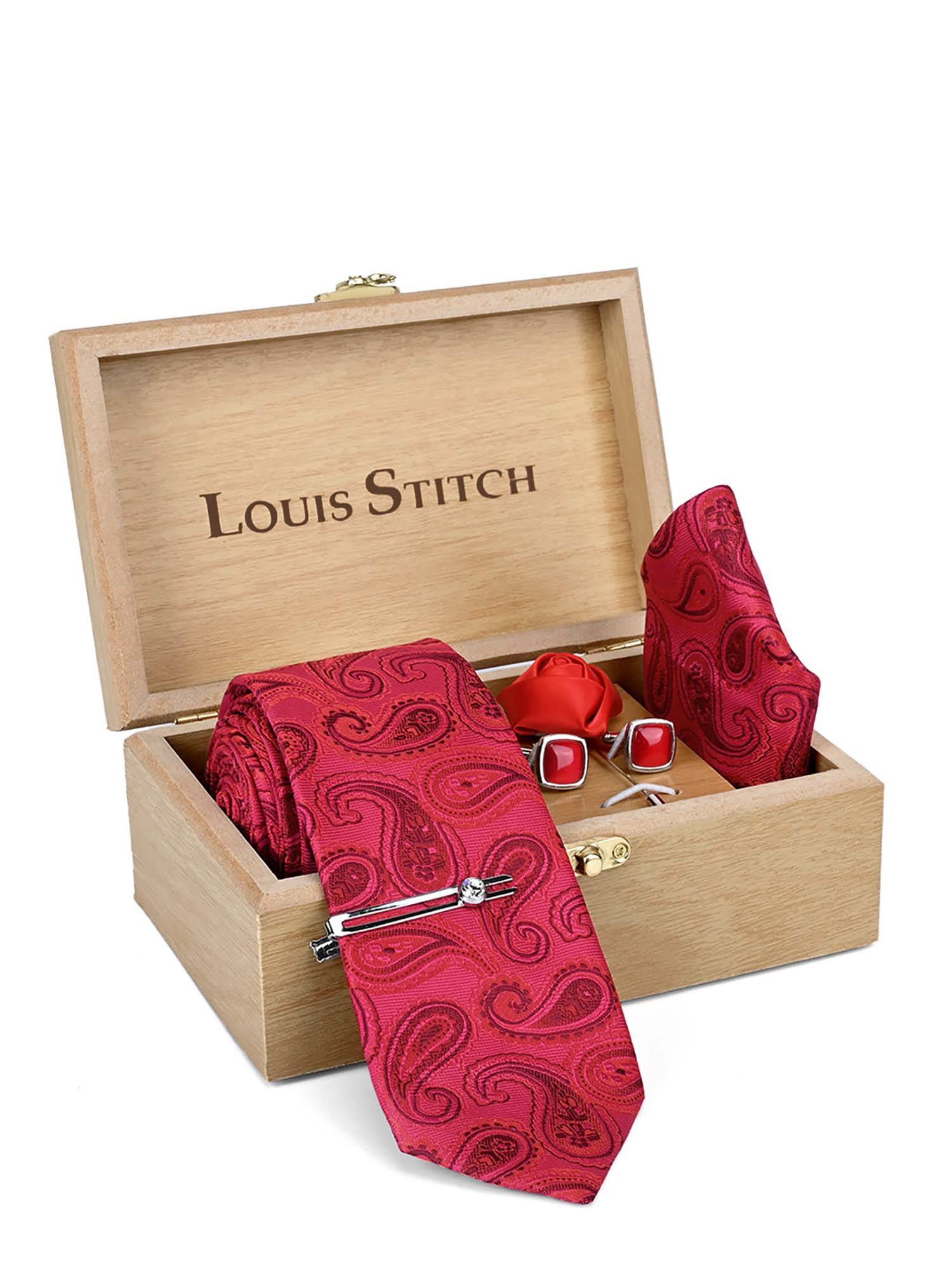 Louis Stitch Men's Venetian Red Silk Necktie Accessory Gift Set