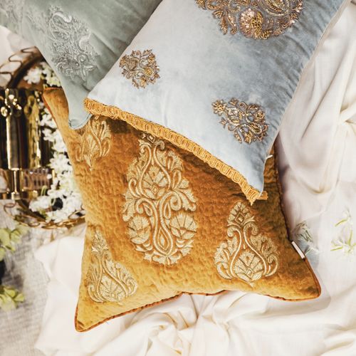 Alcove Sky Velvet Zardozi Cushion Blue