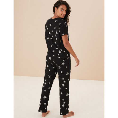 Marks Spencer Pure Cotton Star Print Pyjama Black (Set of 2) (S)