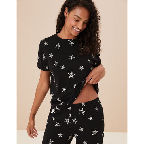 Marks Spencer Pure Cotton Star Print Pyjama Black (Set of 2) (S)