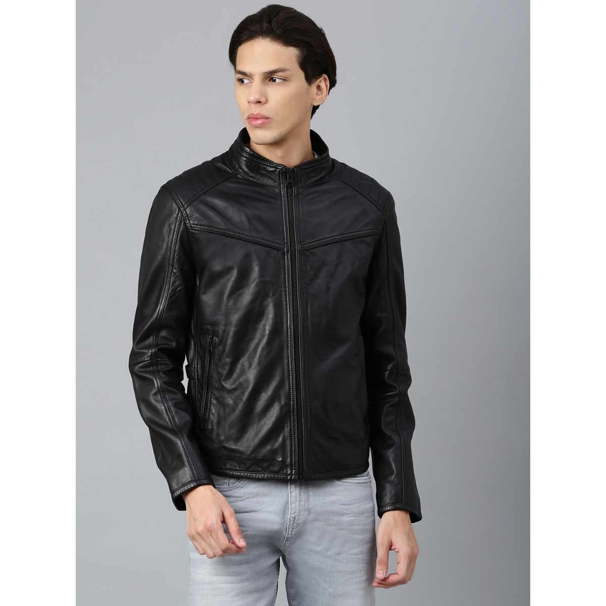 ジャケット・アウター Archive leather Jacket dark wear Buy WOODS Solid Jacket Black Online
