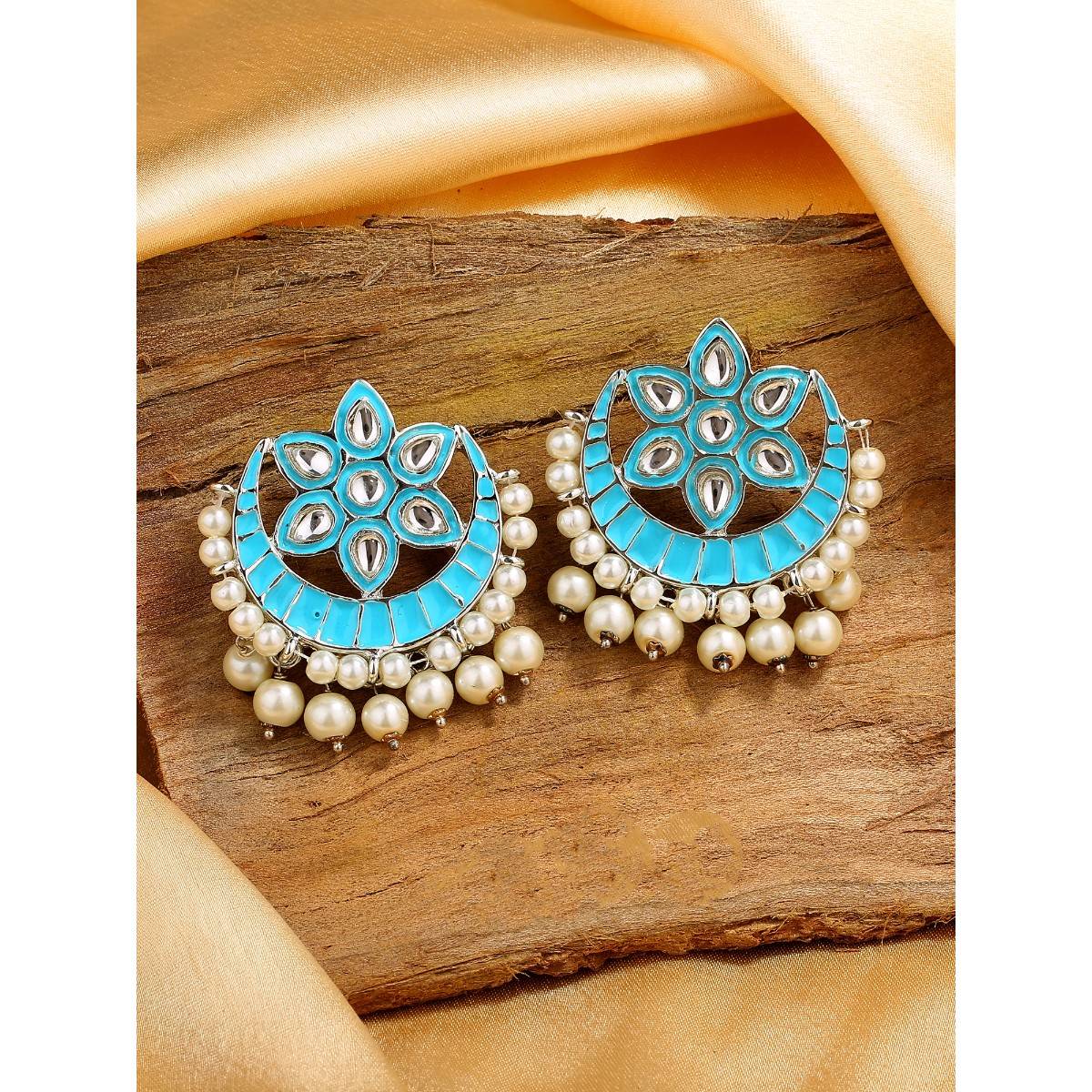 Estele Rhodium Plated Attractive Kundan Earrings with Pearl & Blue Enamel for Women